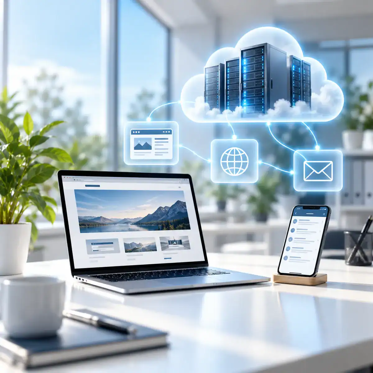 Hosting für Unternehmen – Website und E-Mail auf Notebook und Smartphone