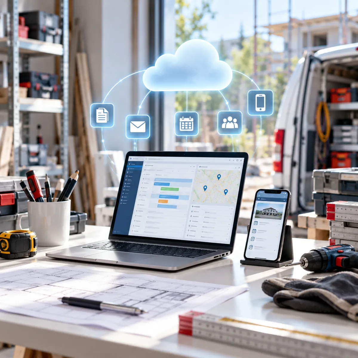 IT-Betreuung für Handwerksbetriebe – Arbeitsplatz mit Notebook, Smartphone und Werkzeug, verbunden mit Kalender, E-Mail und Dateien