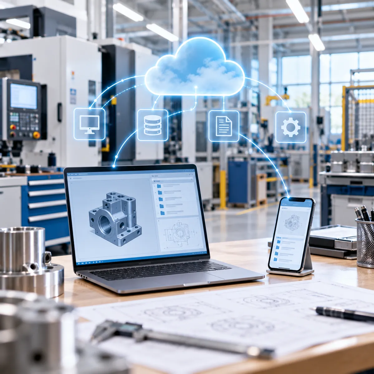 IT-Betreuung für Fertigungsunternehmen: CAD-Arbeitsplatz mit Notebook und Smartphone in einer Produktionshalle, verbunden mit Server, Dateien und Anwendungen
