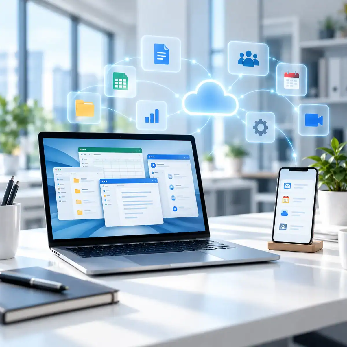 Software für Unternehmen: Büroarbeitsplatz mit Office-, Sicherheits- und Fachanwendungen